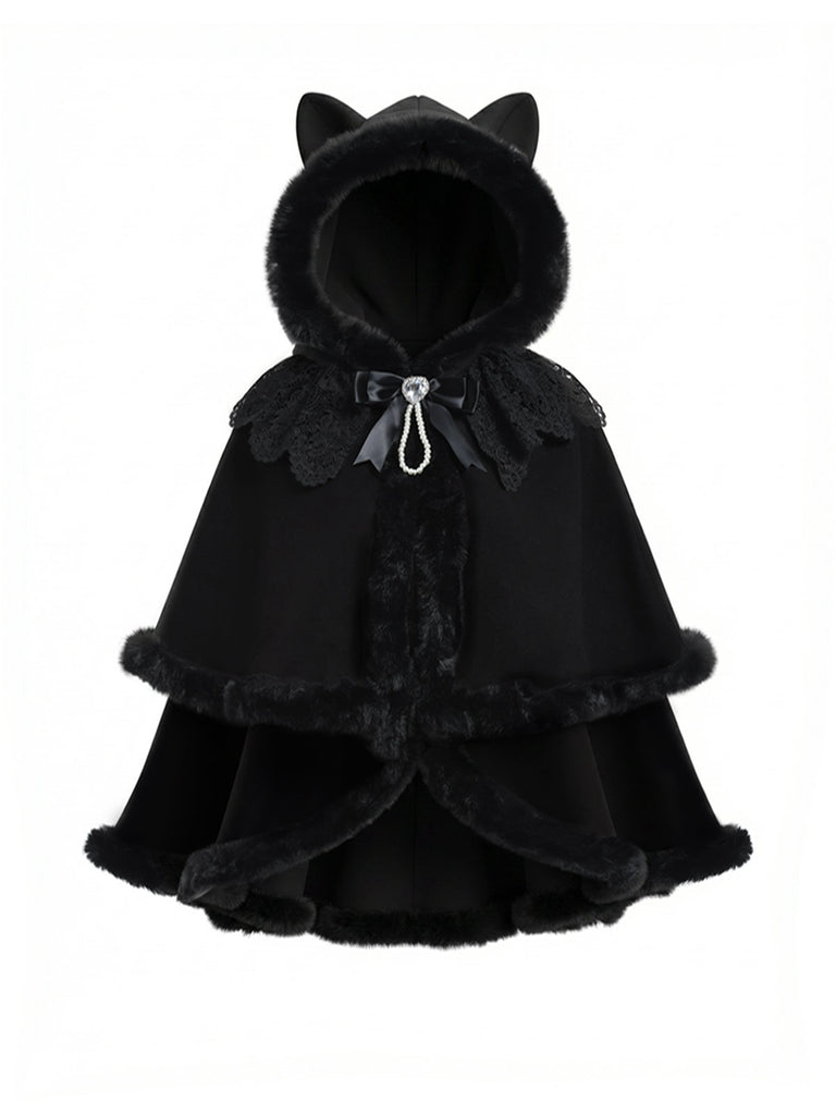 [Prévente] Cape à capuche style chat noire et fourrure synthétique des années 1960