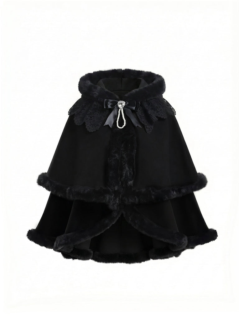 [Prévente] Cape à capuche style chat noire et fourrure synthétique des années 1960