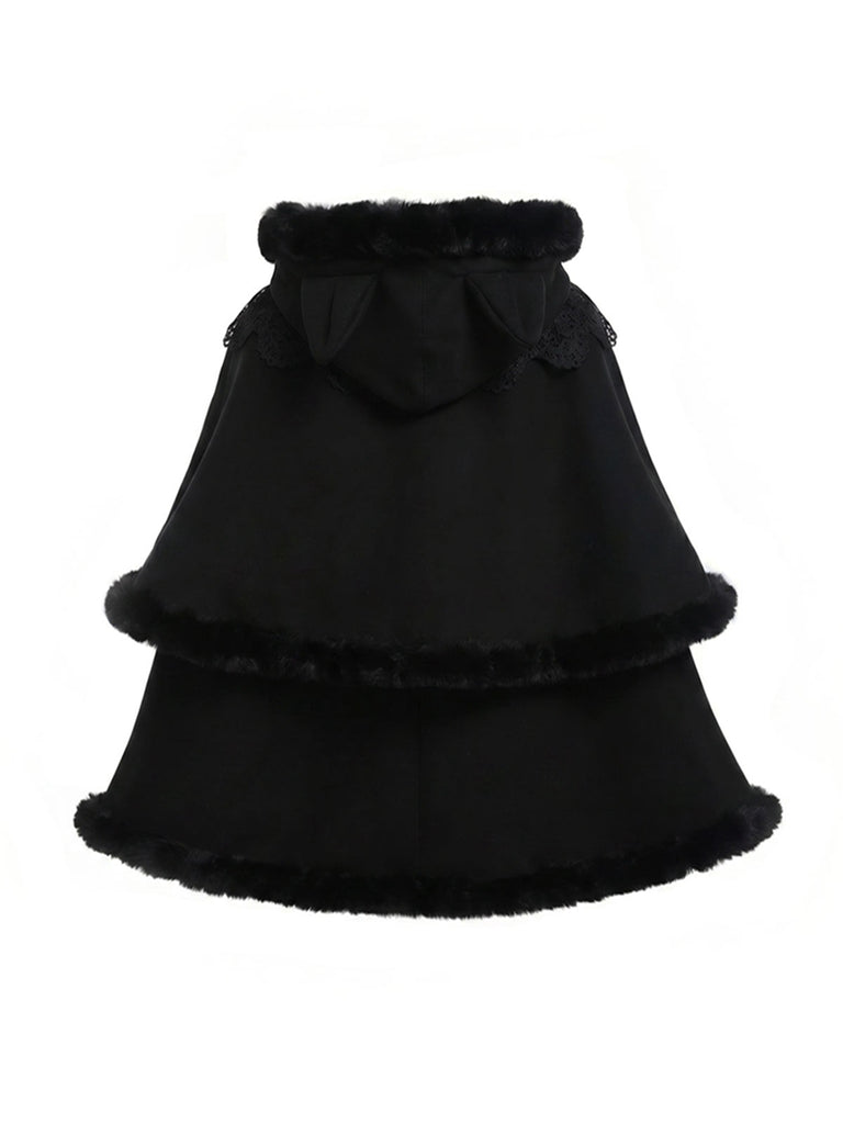 [Prévente] Cape à capuche style chat noire et fourrure synthétique des années 1960
