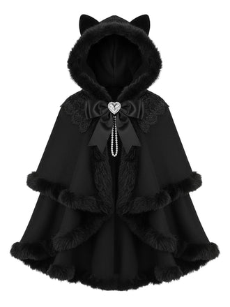 [Pré-vente] Cape à capuche style chat noire et fourrure synthétique des années 1960