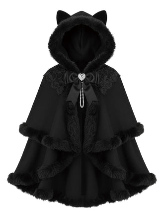 Cape à capuche style chat noire et fourrure synthétique des années 1960