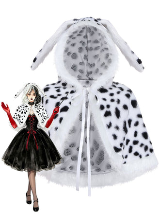 Cape blanche à capuche de méchante en fausse fourrure motif dalmatien années 1970