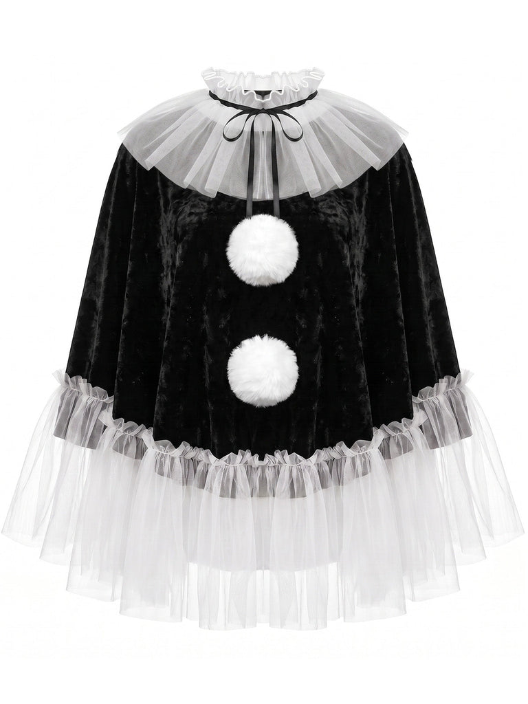 Ensemble gothique de clown en velours et tulle avec cape à pompons et collants années 1980