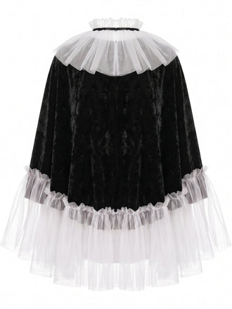 Ensemble gothique de clown en velours et tulle avec cape à pompons et collants années 1980
