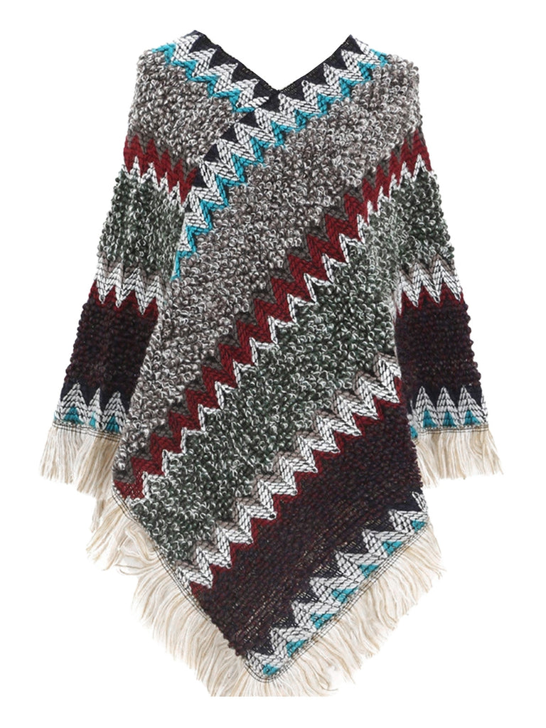 Cape poncho bohème en maille à chevrons et franges Années 1970 - 1