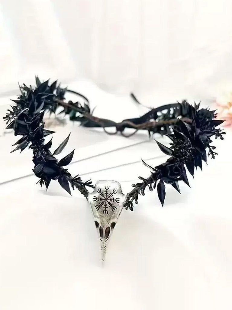 Coiffe gothique victorienne noire en métal à roses et crâne