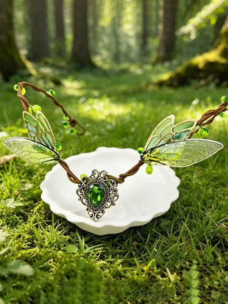 Coiffe féerique verte à ailes, style forêt enchantée