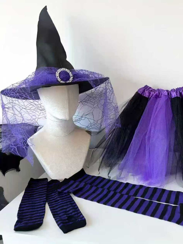 Ensemble d’accessoires d’Halloween avec chapeau de sorcière, bas rayés et tutu