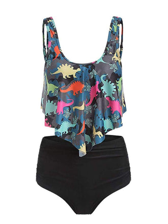 Ensemble Tankini Gris Foncé 1970s Retro Dinosaure