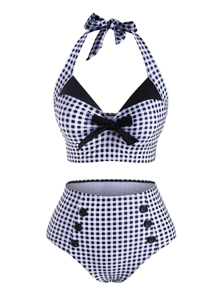 Maillot de Bain à Col Licou Verte à Carreaux des années 1950