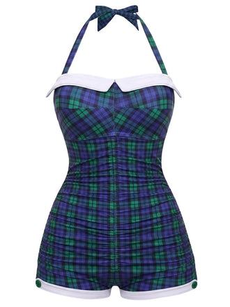 Maillot de bain une pièce Bleu et vert carreaux vichy dos nu et nœud papillon années 1950