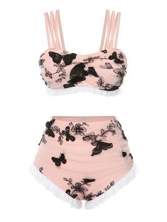 Ensemble bikini beige à bretelles papillon en maille années 1950