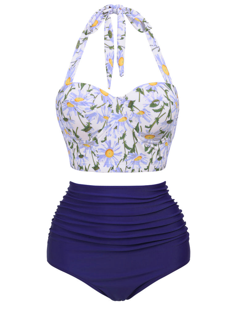 Ensemble de Bikini à Lacets et Licou à Fleurs Bleu