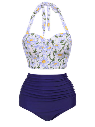 Ensemble de Bikini à Lacets et Licou à Fleurs Bleu