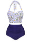 Ensemble de Bikini à Lacets et Licou à Fleurs Bleu