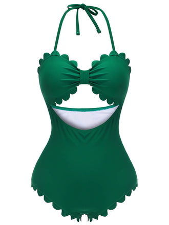 Maillot de bain vert foncé à licou à lacets solide des années 1940