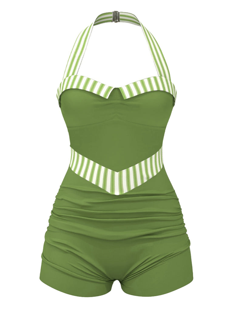 Maillot de bain dos nu à rayures patchwork vert années 40