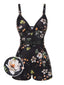 Maillot de bain noir à bretelles boxer fleuries années 40