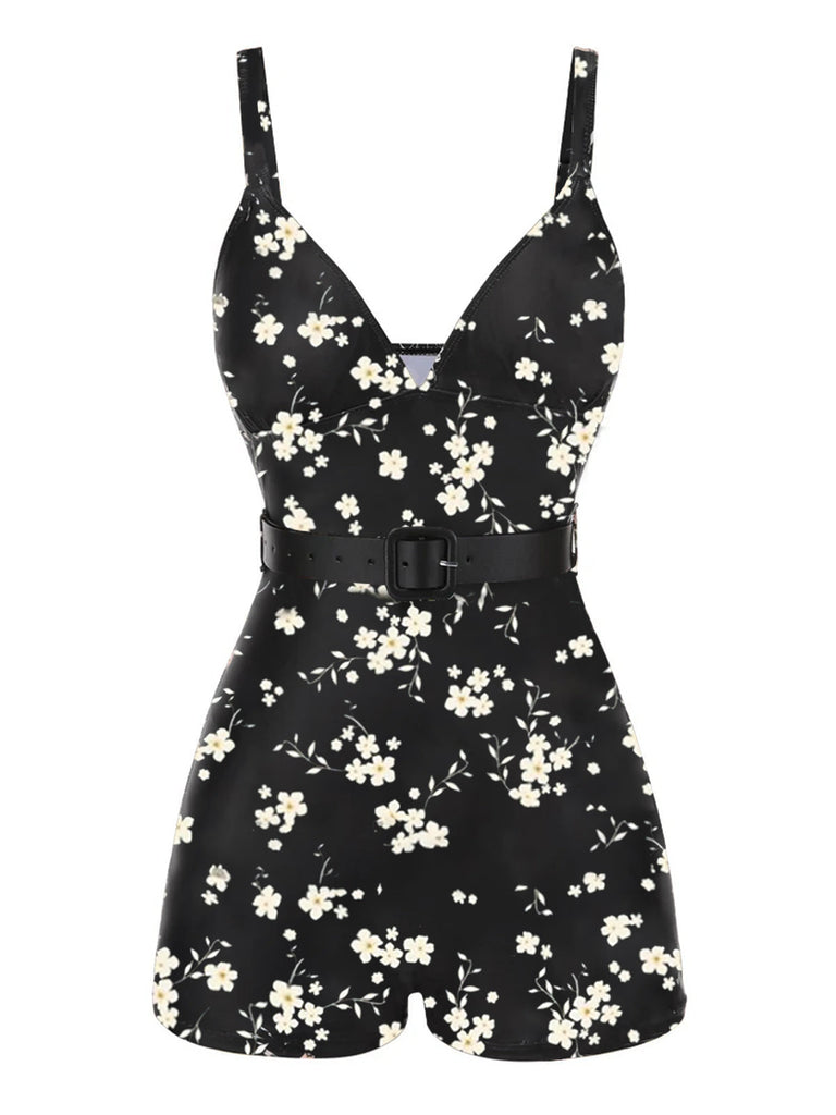 Maillot de bain noir à bretelles boxer fleuries années 40