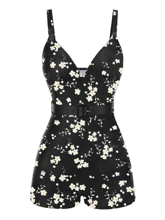 Maillot de bain noire à bretelles boxer fleuries années 40