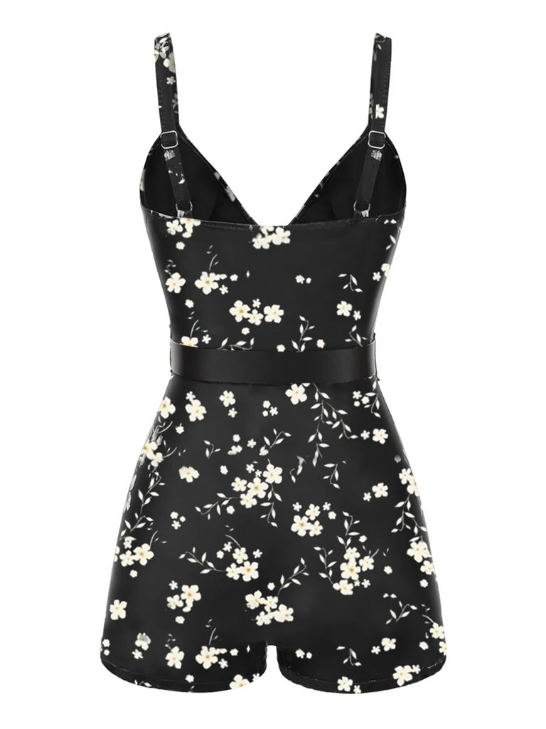 Maillot de bain noir à bretelles boxer fleuries années 40