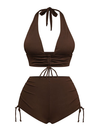 Ensemble bikini marron uni col V profond à lacets dos nu années 1950