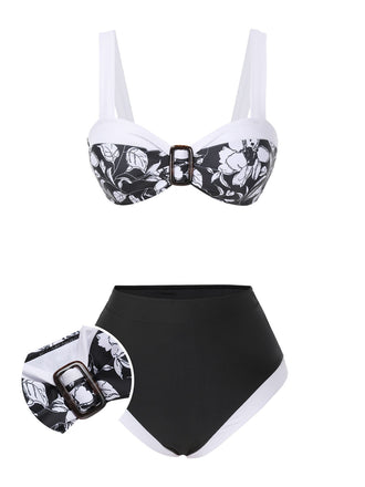 Ensemble bikini noir à motif floral Hepburn des années 1940