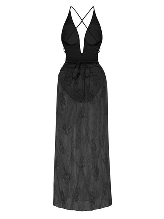 2PCS Maillot de bain col V profond et cache-maillot en dentelle années 1940