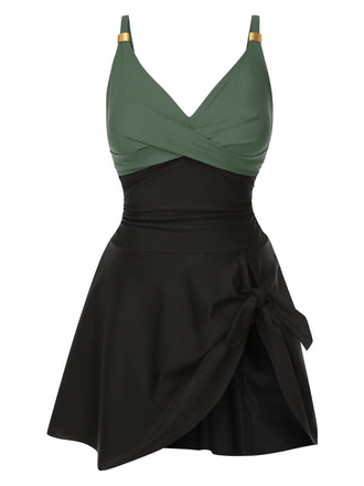 Robe de bain croisée en patchwork uni des années 1940