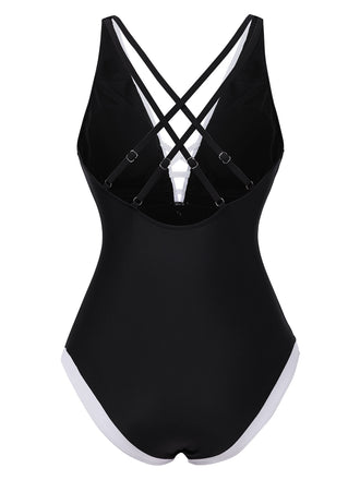 Maillot de bain une pièce noir patchwork de fleurs 3D des années 1950