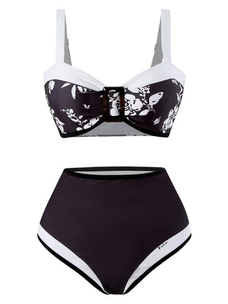 Bikini à bretelles larges motif plantes des années 1940