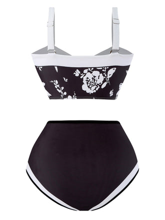 Bikini à bretelles larges motif plantes des années 1940