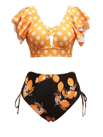 Ensemble bikini à volants orange à pois citron des années 1950