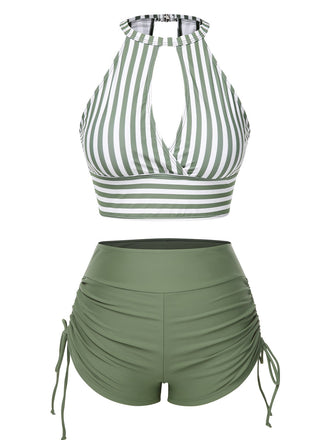 Maillot de bain à rayures creuses col rond des années 1950