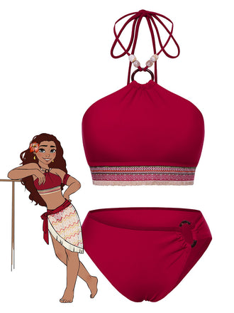 Ensemble bikini dos nu rouge style princesse avec perles des années 1970