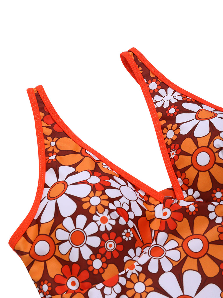 Maillot de bain une pièce marron à fleurie bohème années 1960