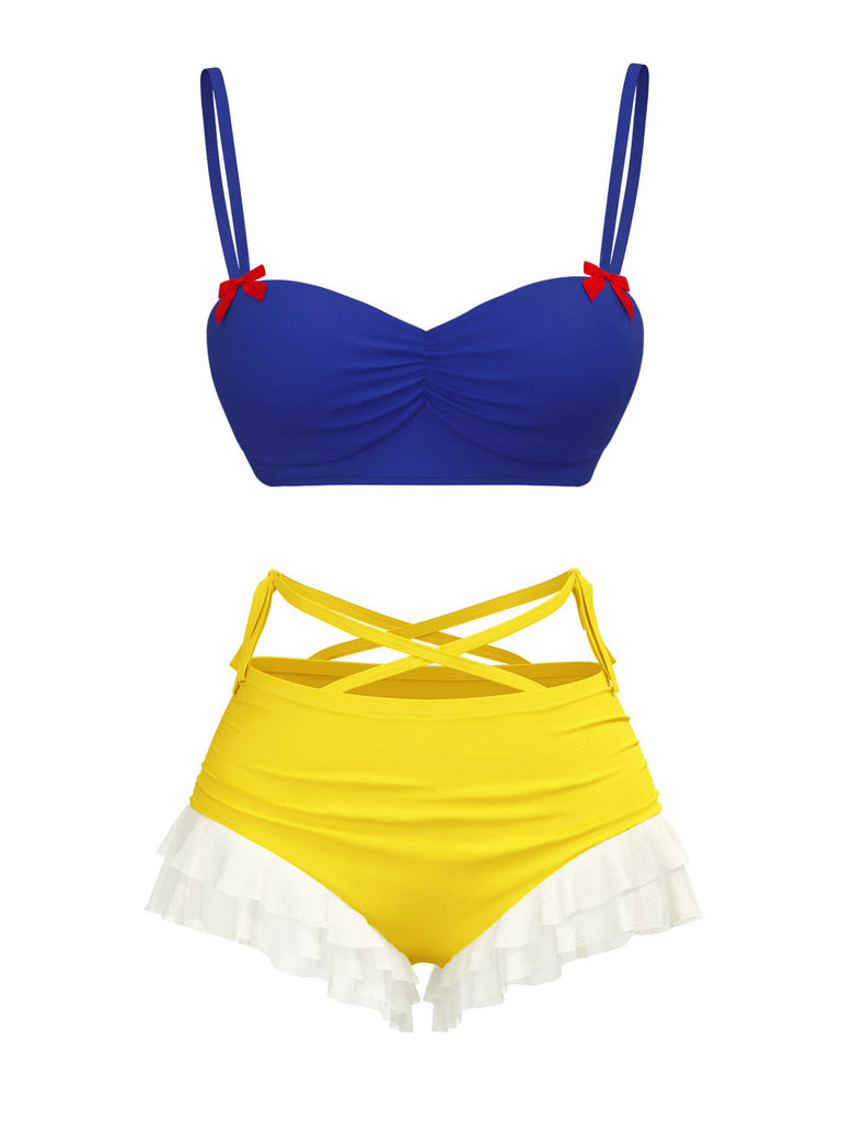 Maillot de bain à volants jaune et bleu Blanche-Neige années 1950
