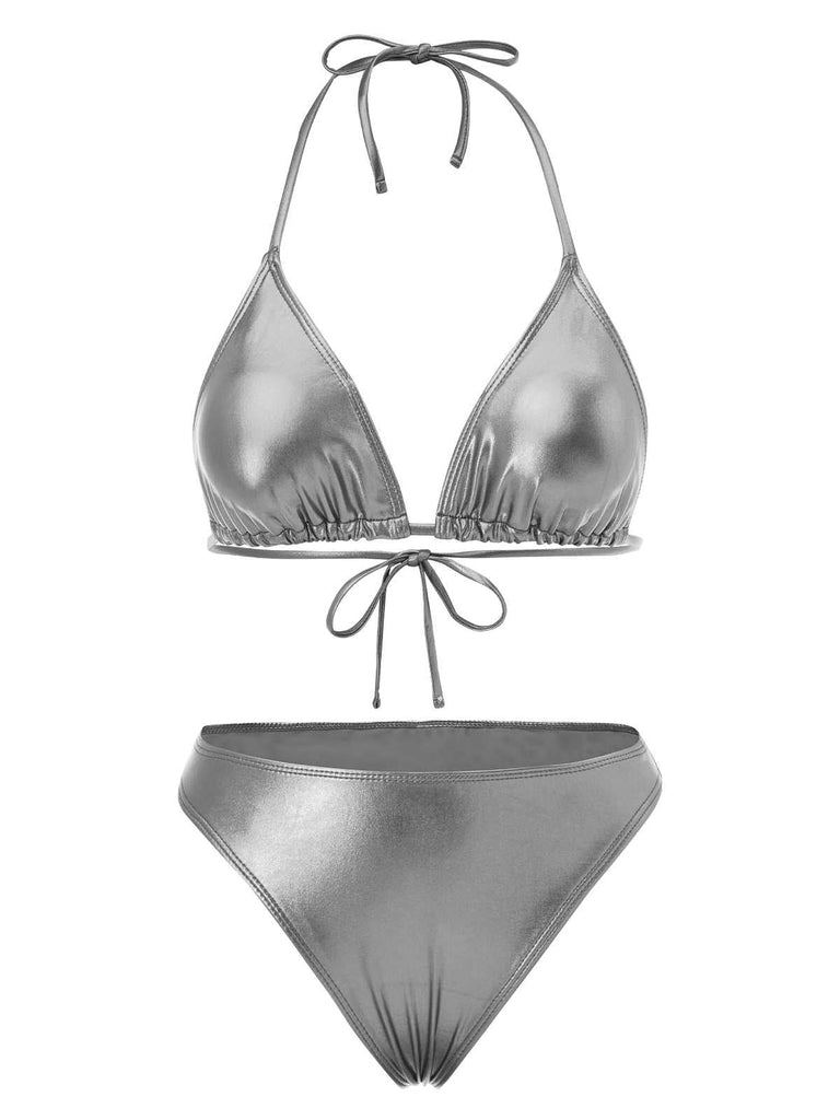 Bikini métallisé dos nu et paréo froncé années 1970