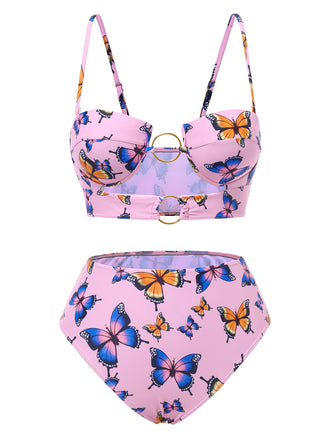 Ensemble bikini papillon rose à anneaux creux années 1950