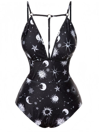 Maillot de bain une pièce gothique col V profond étoile et lune années 1980