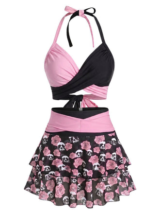 Maillot de bain jupe dos nu rose années 1980