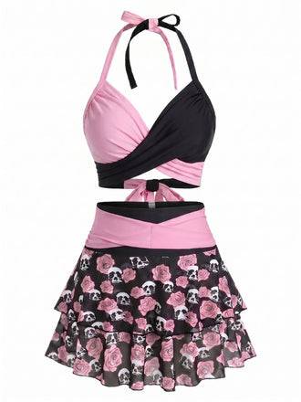 Maillot de bain jupe dos nu rose années 1980