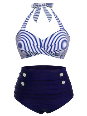 [Grande taille] Ensemble bikini dos nu rayé bleu des années 40