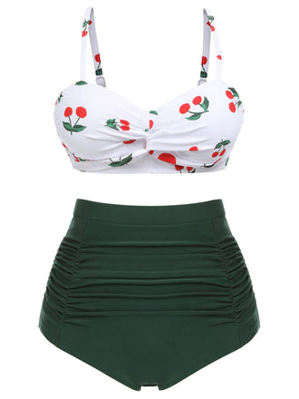 [Grande taille] Ensemble de bikini taille haute à bretelles cerises 1950s