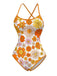 Maillot de bain une pièce orange marguerite à dos croisé années 60