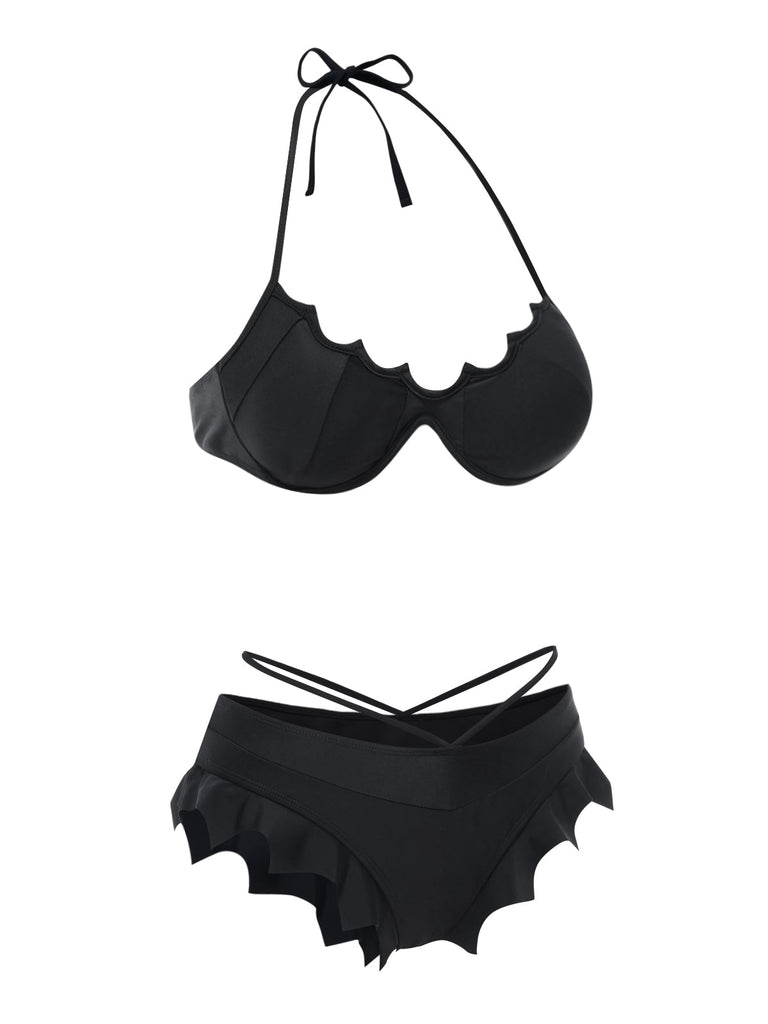 Ensemble bikini noir ailes de chauve-souris gothiques années 1980