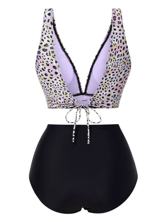 Ensemble bikini à lacets col décolleté V profond léopard patchwork années 1950