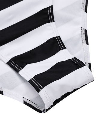 Maillot de bain noir à rayures et tête de mort une épaule ajourée années 80