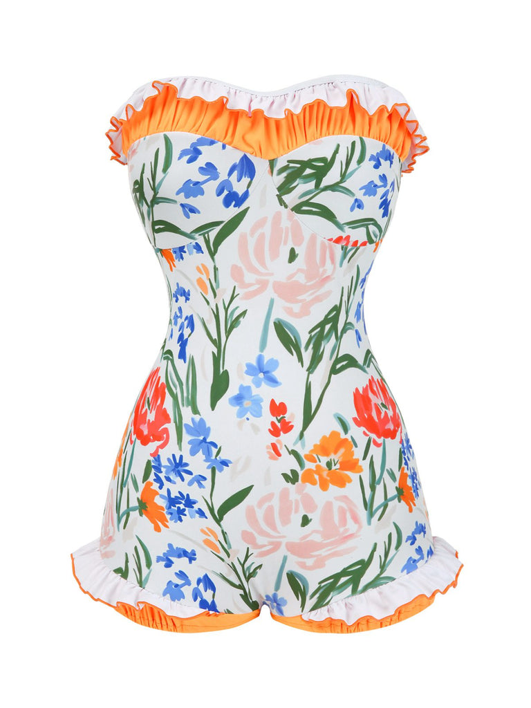 Maillot de bain une pièce bandeau multicolore fleurs peintes années 1960