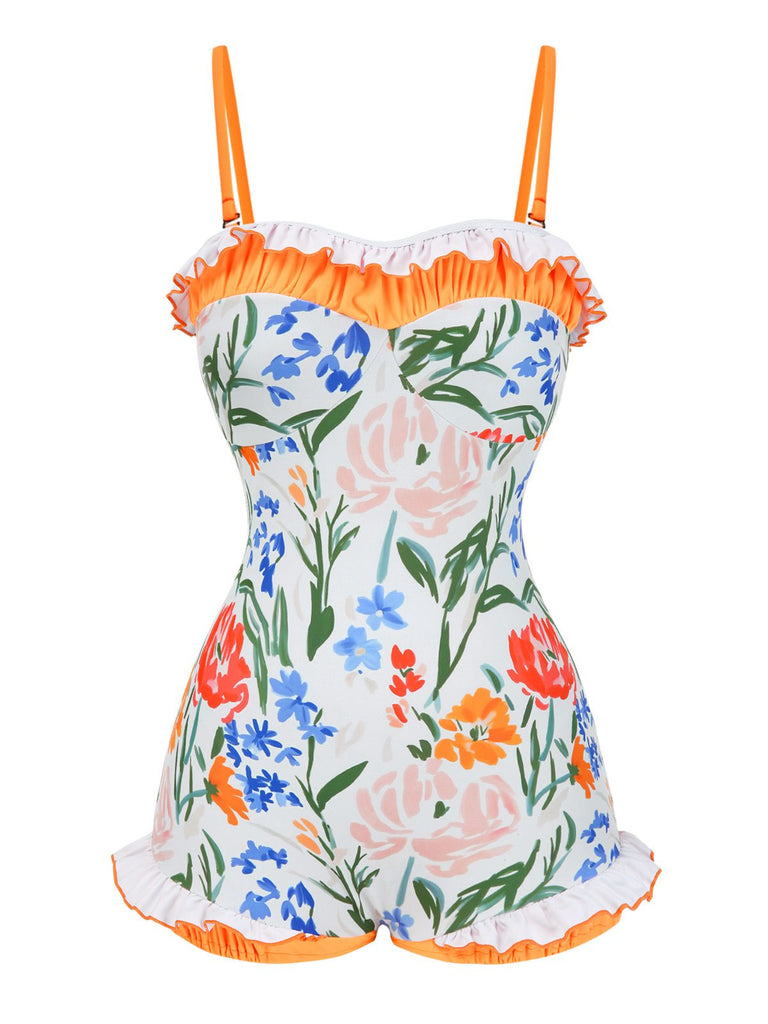 Maillot de bain une pièce bandeau multicolore fleurs peintes années 1960